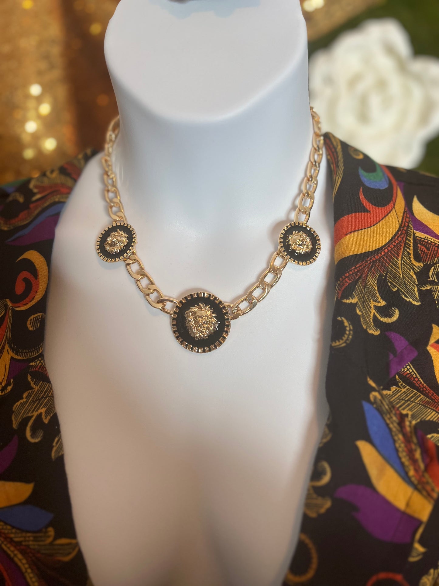 Black& Gold Lion Face Necklace